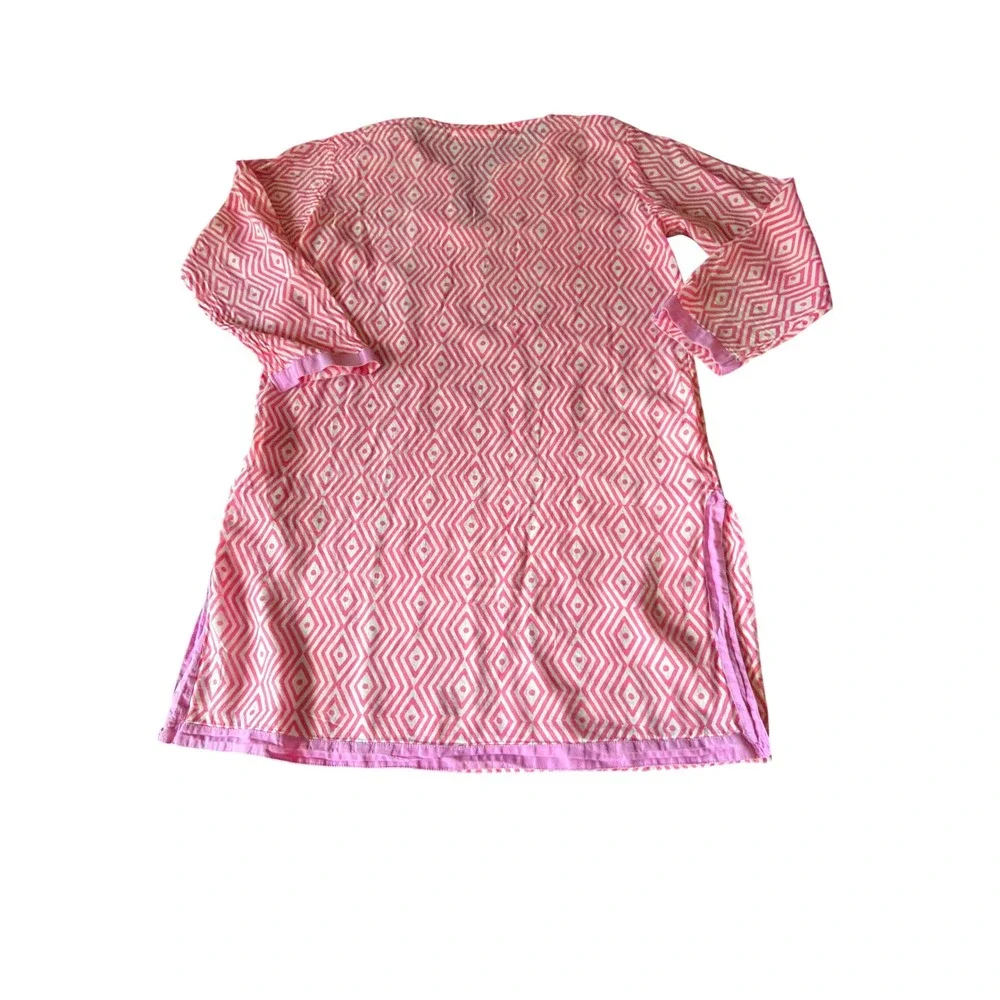 Oliphant Tunic Top Pink Geometric Diamond Print Cotton XS Long Sleeve Notch Neck